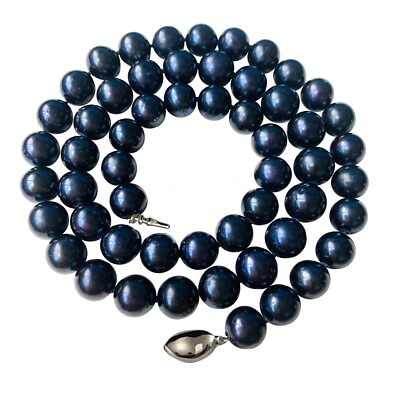 #ad 18 Inch Genuine ROUND 9 10mm Black Pearl Necklace Cultured Freshwater