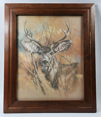 #ad Silent Buck Deer Wildlife Maroon Framed Lithograph Watercolor Large Painting