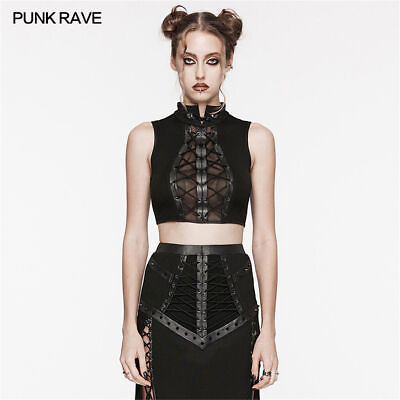 #ad Punk Rave Women Black Gothic Punk Sexy Mesh Rope Decor Tie Up Sleeveless Vest