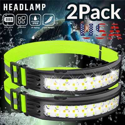 #ad 2PACK Headlamp COB LED Rechargeable Headlight Torch Work Light Bar Head Band USB