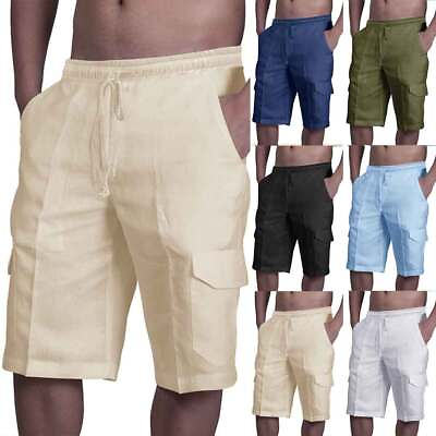 #ad Mens Summer Beach Loose Cotton Linen Shorts Drawstring Elasticated Short Pants