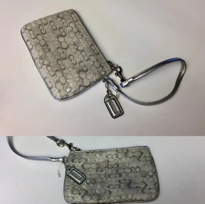 #ad COACH LEATHER TRIMMED LOGO PRINT JACQUARD WRISTLET BAG IN SILVER NWOT $78