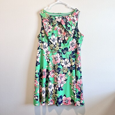 #ad Dress Barn Green Floral Dress Colorful Slimming Fit And Flare Plus Size 18 EUC