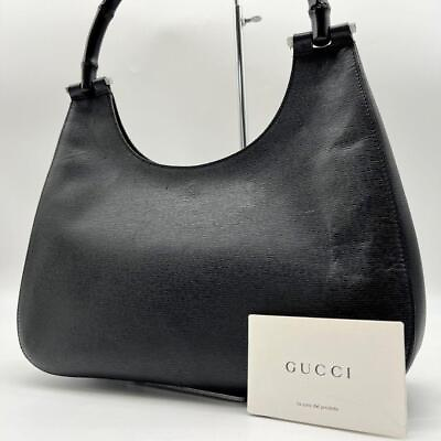 #ad Gucci Handbag Bamboo Half Moon Black Leather Hobo Bag Shoulder Bag