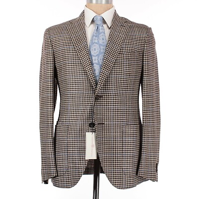 #ad Luciano Barbera NWT Silk Wool Sport Coat Sz 50R US 40 in Browns Gray Blue Check