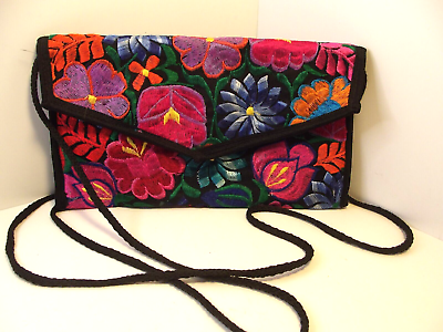 #ad Embroidered Evening Bag Purse Floral Embroidery Black Satin with Crossbody Strap
