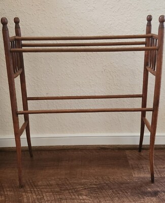 #ad Antique Victorian Country Oak Wood Quilt Blanket Rack Stand Free samp;h