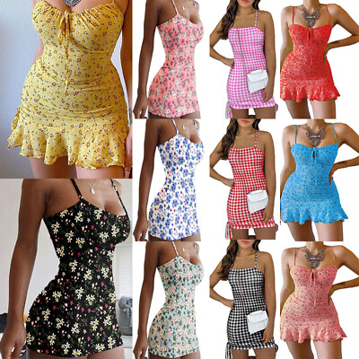 #ad Women Sexy Bodycon Mini Tank Dress Floral Spaghetti Strap Party Clubwear Dresses