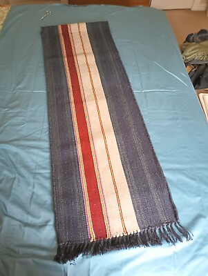 #ad Pottery Barn Wool Table Runner Fringe Blue Cream Red Stripe 108quot; X 18quot;