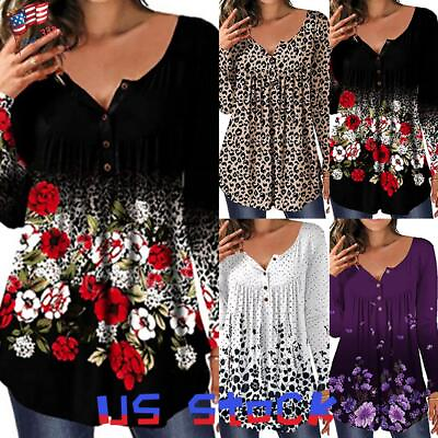 #ad Women Long Sleeve T Shirts Floral Casual Tunic Print Tops Tee Pleated Blouse
