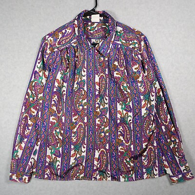 #ad Vintage Paisley Blouse Women 14 Pykettes Colorful Collar Pleated USA Made Purple