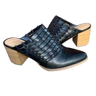 #ad LC Lauren Conrad Riverbirch Black Faux Leather Block Heel Mules Size 8