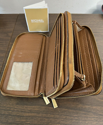 #ad Michael Kors Brown Leather Jet Set Travel Large Double Zip Phone Wallet Clutch