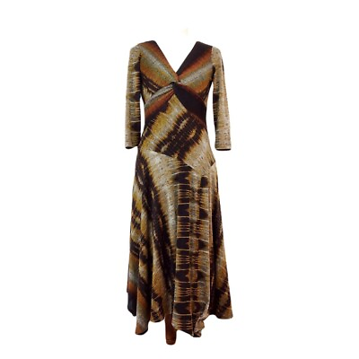 #ad Rabbit Designs Brown Print V Neck Fit and Flare Asymmetric Midi Dress 4 6