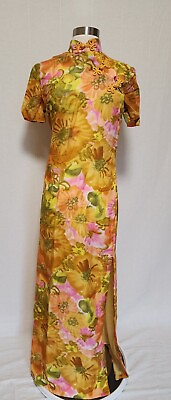 #ad 70s Vintage Womens Qipao Dress Yellow Floral Print Maxi Handmade