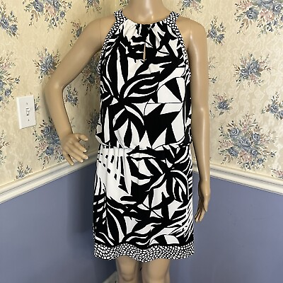 #ad WHBM sleeveless black white tropical floral dress size s