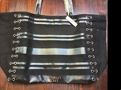 #ad Victorias Secret Love Tote Bag Shopper Zip Stripe And Lace Canvas