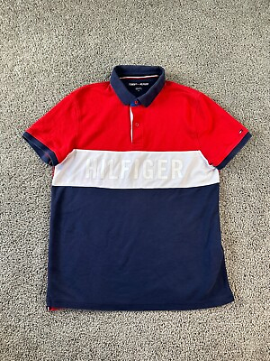 #ad Tommy Hilfiger Sport Shirt Mens Medium Blue Red Spell Out Preppy Casual Polo *