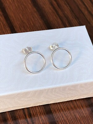 #ad Silver Open Circle Stud Earrings 925 Sterling Silver Post 12mm 0.47quot;