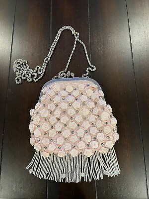 #ad Beautiful Fringed Bagtique Evening Bag Crossbody Chain Rhinestones And Rosebuds