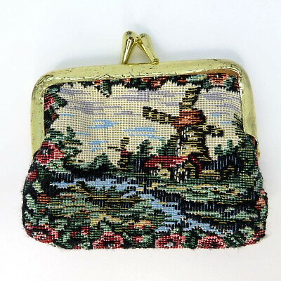 #ad Small Vintage Tapestry Coin Purse Windmills Case Kiss Lock New Old Stock