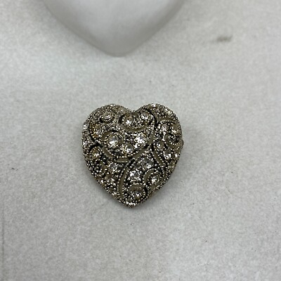 #ad Vintage Brooch Heart Silver With Clear Color Diamond Simulants