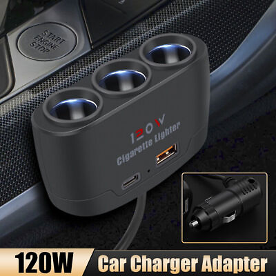 #ad 3 Way Car Cigarette Lighter Socket Splitter USB Fast Charger Power Adapter 12V