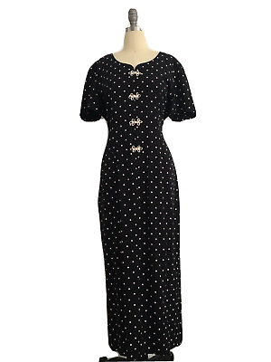 #ad Vintage polka dot dress 60#x27;s look black white short sleeve long tighten back