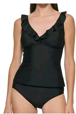 #ad DKNY Women#x27;s Ruffle Plunge Tankini Swimsuit Top Only XXL