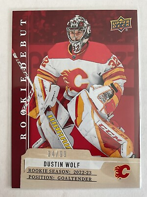 #ad Dustin Wolf 2023 24 Upper Deck UD Rookie Debut Red Parallel RC Card #34 99