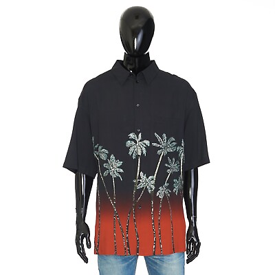#ad CELINE 1950$ Black Hawaiian Shirt Sequin Embroidered Sunset Palm Trees Print
