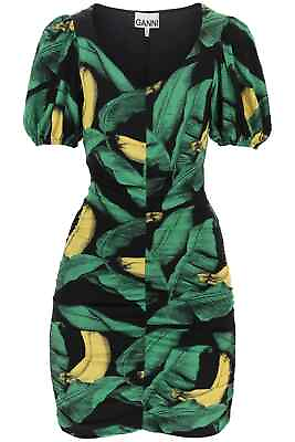 #ad GANNI Womens Dress Size 36 Green Puff Sleeve Ruched Mini Pullover Stretch BANANA