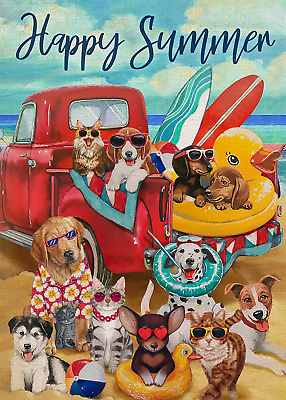 #ad #ad Happy Summer Red Truck Coastal Decorative Garden Flag Dogs Beach Yard Nautical