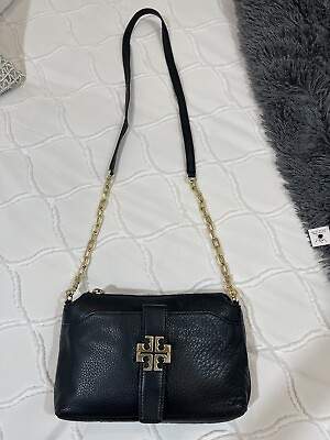 #ad tory burch handbag crossbody Black Pebble Leather With Gold Color Chain