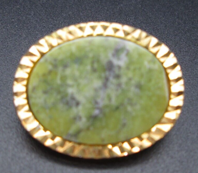 #ad Serpentine Green Stone Gold Tone Textured Brooch Pin Vintage Estate Spiritual