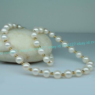 #ad Natural Genuine 9 10mm White Cultured Pearl Beads Necklace 18#x27;#x27; 14K