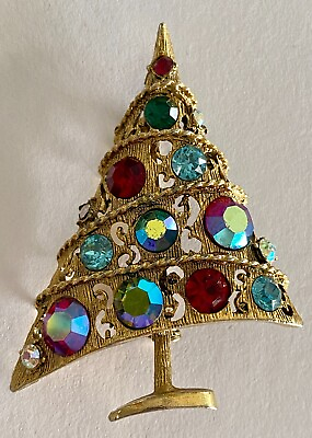 #ad Vintage Weiss Sugarplum Christmas Tree Brooch Pin AB Rhinestones Gold Tone