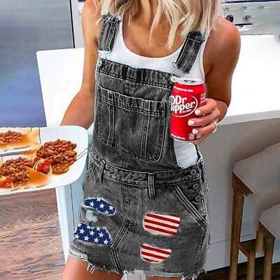 #ad Women Denim Dungaree Pinafore Dress Ripped Jeans Strappy Romper Mini Skirt 8 18
