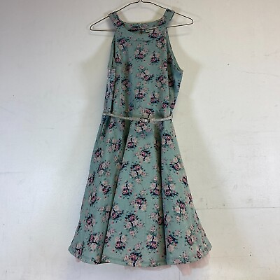 #ad Knit Works Girls Size 20.5 Plus Blue Belted Dress teal Floral Sleeveless Party
