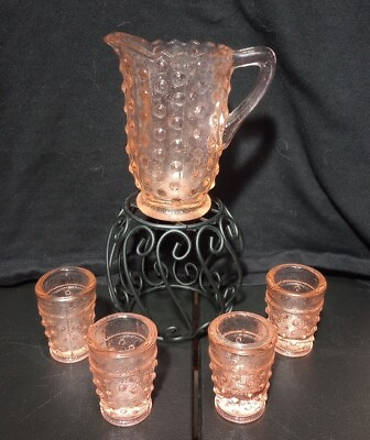 #ad RARE Vintage Childs Set of Miniature Pink Hobnail Pitcher amp; Four Glasses EUC