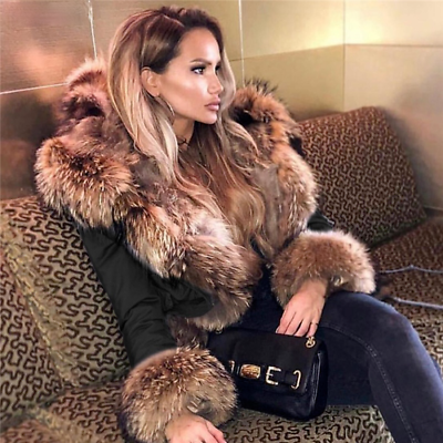 #ad Winter Women Long Parka Real Fur Coat Natural Fur Collar Hood Streetwear