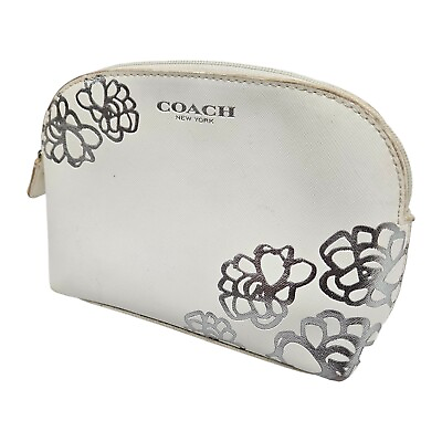 #ad #ad Coach New York Logo Dome Top Cosmetic Makeup Pouch Bag White Leather