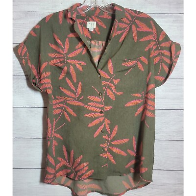 #ad A New Day Womens Top Size S Green amp; Orange Leaf Print Button Up Pocket Festive