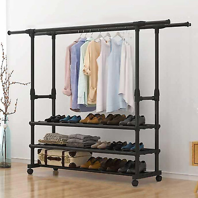 #ad Heavy Duty Clothing Garment Rack Rolling Clothes Organizer Double Rails Hanging