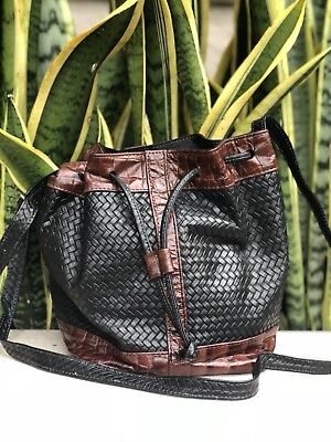 #ad Bucket Bag Noble Handbags Black Brown Leather Broad Purse Drawstring Vtg 70s 80s