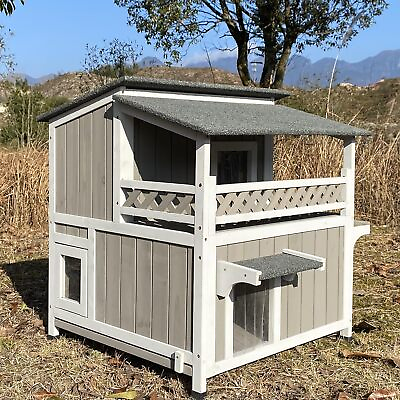 #ad Two Story Cat House Outdoor Wooden Feral Cat Shelter with Balcony amp; Escape Door