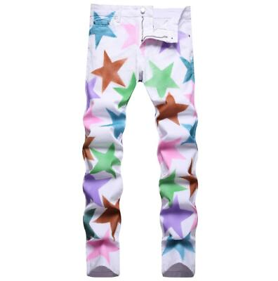 #ad Men#x27;s White Cotton Denim Jeans Stars Printed Stretch Casual Pants Trousers Punk