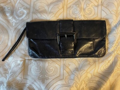 #ad HOBO INTERNATIONAL Clutch Purse Black Leather Buckle Audrey Handbage Wristlet