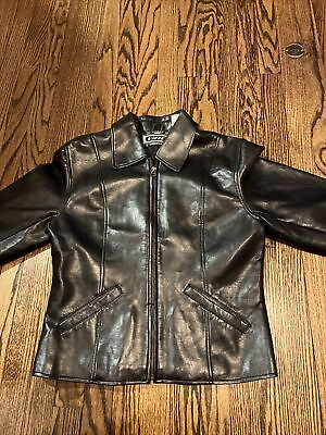 #ad Vintage Vibe Brand Womens M Faux Black Leather Zip Up Jacket Lightweight Nice