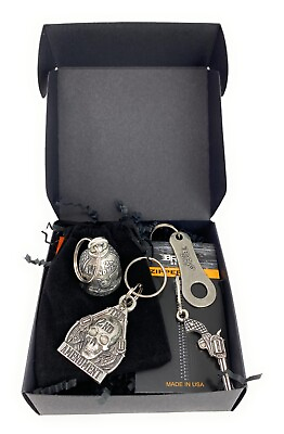 #ad Biker Gift Set 2nd Amendment Ride Bell Keychain Zipper Pull Hanger in Box USA